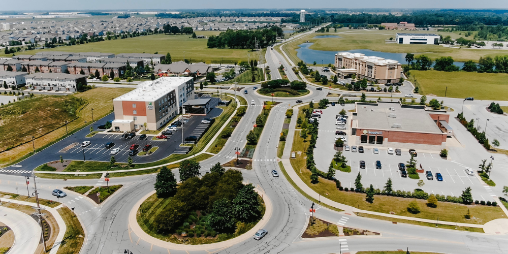 new Drone photo of a roundabout and shops in Whitestown